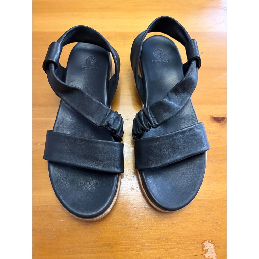 Coclico Black Leather Ruched Slingback Platform Sandals Women Size 40